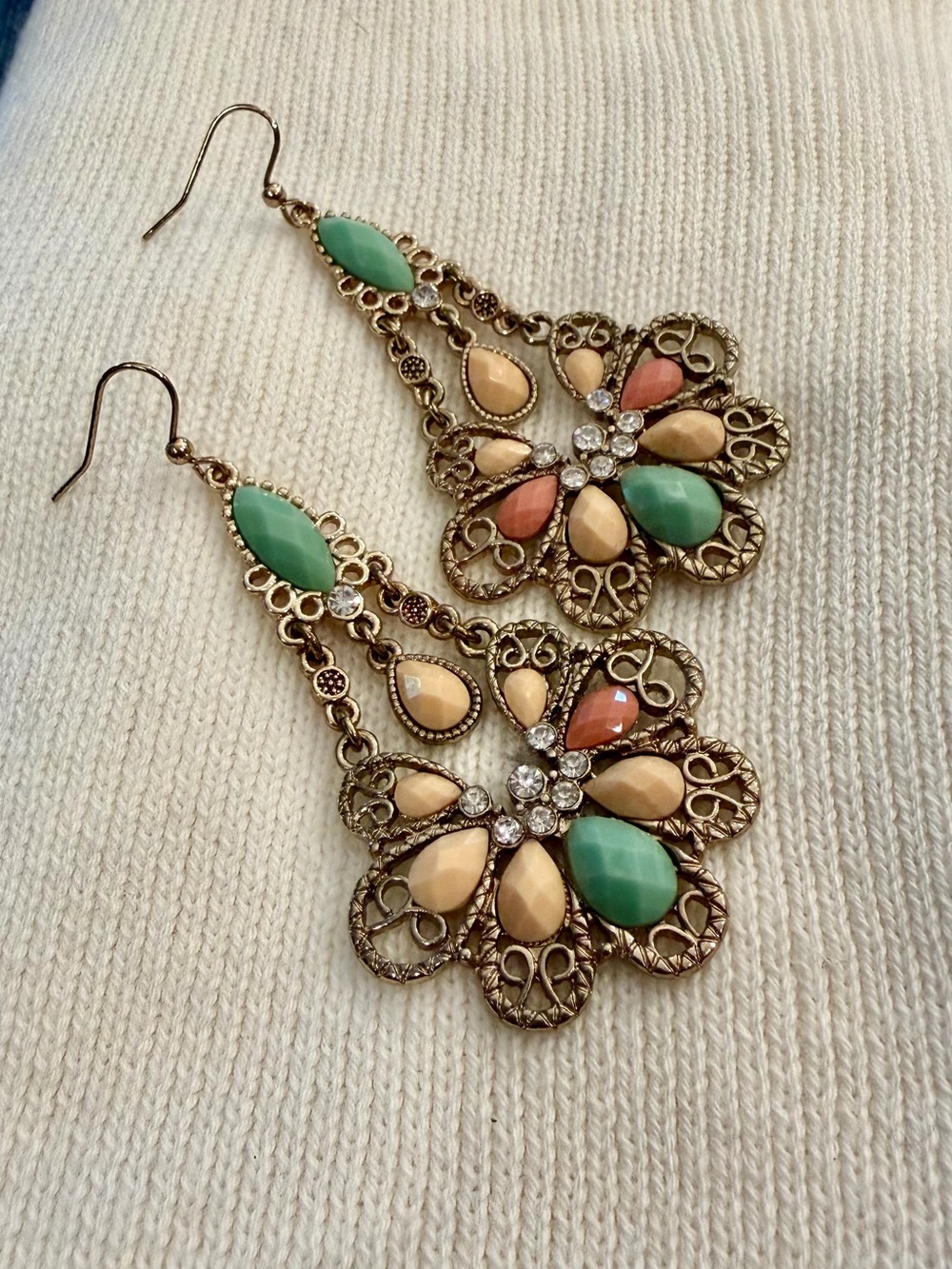Park Lane Gold-Tone Floral Drop Earrings with Green and Peach Stones NWOT